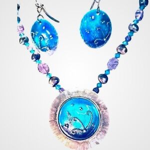 Artisan Handpainted Necklace Earrings Set Beaded Blue Purple Silver Boho Jewelry